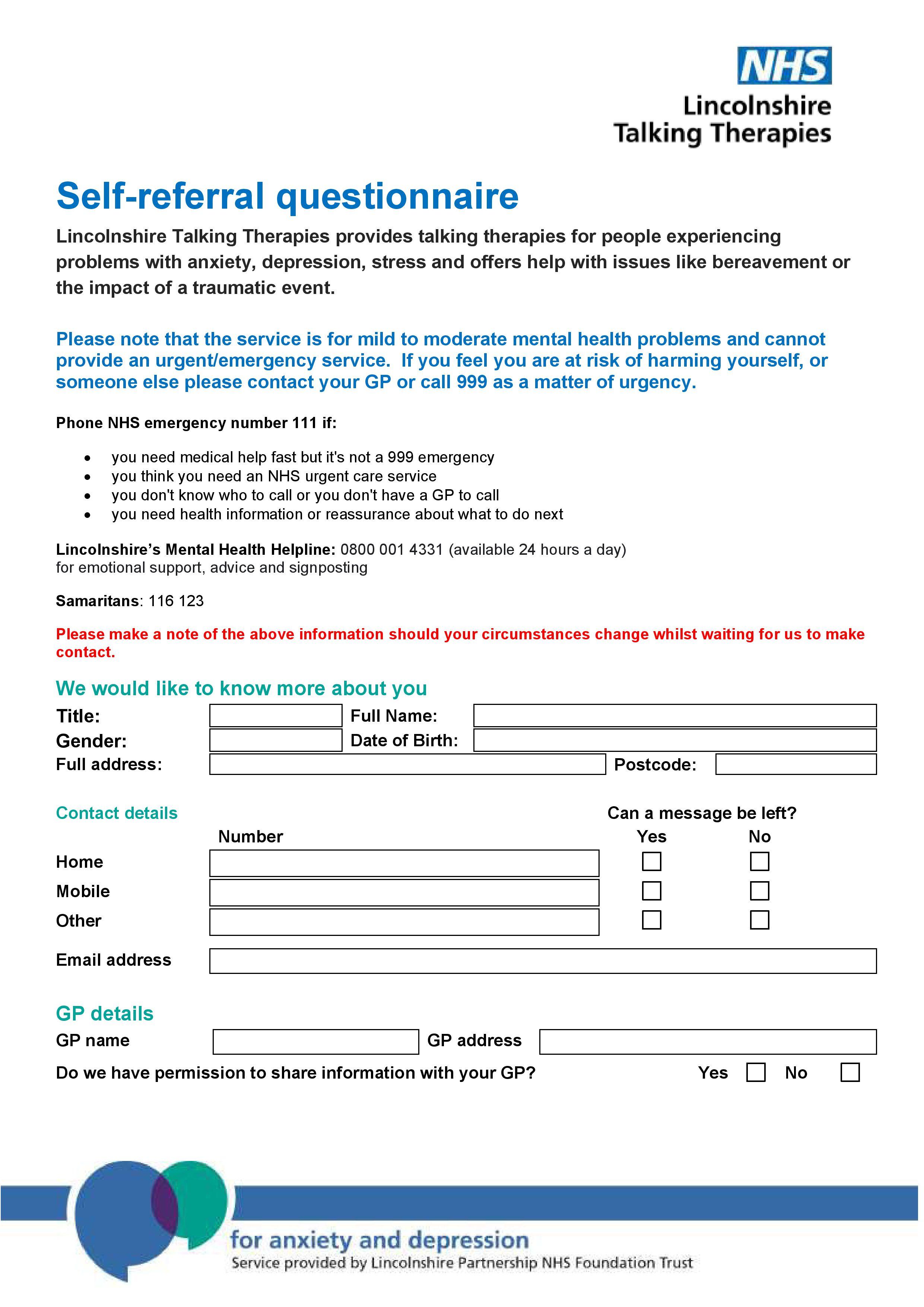 Lincolnshire talking therapies questionnaire